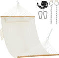 Lazy Daze Hammocks 2 Person Double Quilted Fabric Hammock with Spreader Bar Detachable Pillow Side Pocket Carabiners Chains Straps for Outdoor 450lbs Capacity Natural