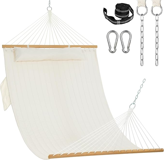 Lazy Daze Hammocks 2 Person Double Quilted Fabric Hammock with Spreader Bar Detachable Pillow Side Pocket Carabiners Chains Straps for Outdoor 450lbs Capacity Natural