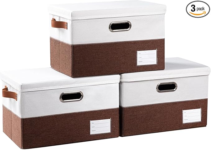 PRANDOM Foldable Storage Bins with Lids [3-Pack] Fabric Collapsible Storage Boxes Baskets Cubes Containers with Handles for Closet Living Room Bedroom (Brown &amp White 14.9x9.8x9.8'')