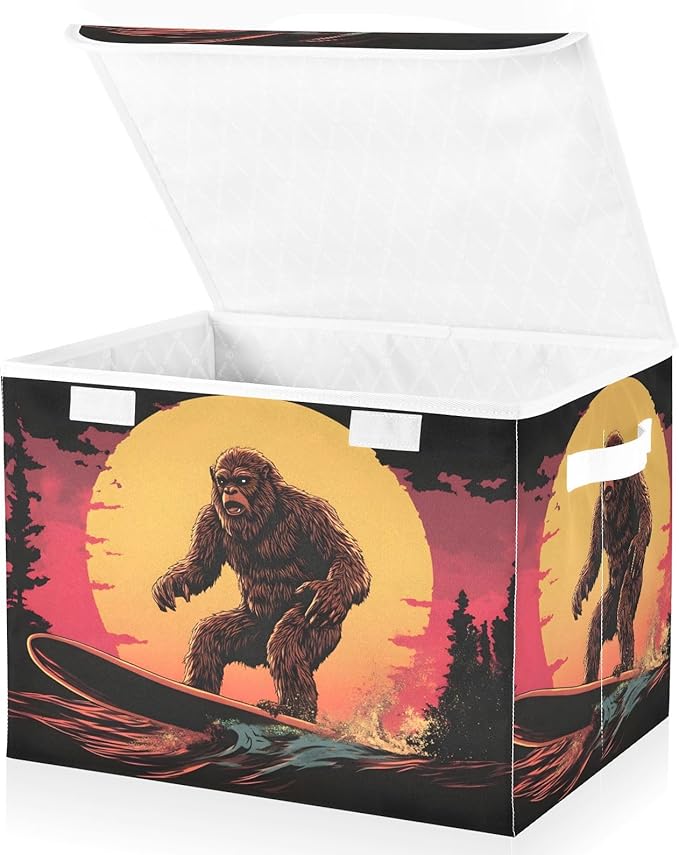 Storage Cube with Lid Surfing Sasquatch Print 16.5×12.6×11.8 IN 1 Pack Collapsible Large Capacity Foldable Storage Basket Bin Organizer