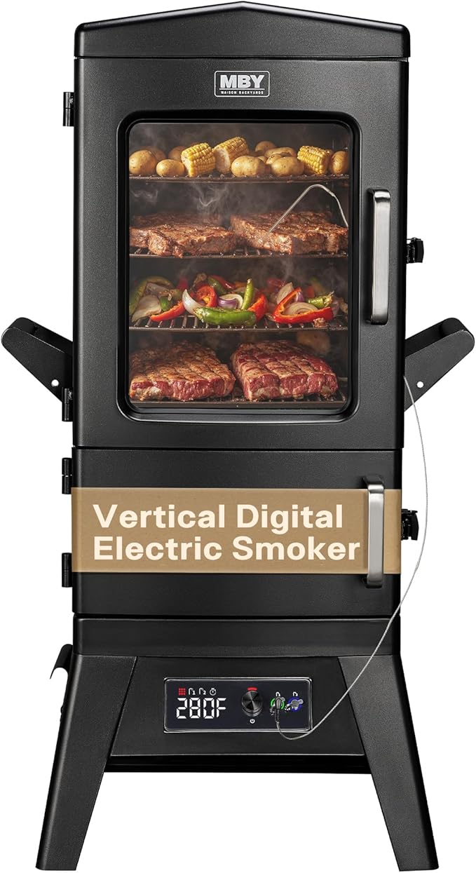 Vertical Electric Smoker with Cover &amp Meat Probe BBQ Smokers with 4 Cooking Grates 633 Sq.in Cooking Space LED Temperature Control for Outdoor CookingSmoke RibsBrisketChicken