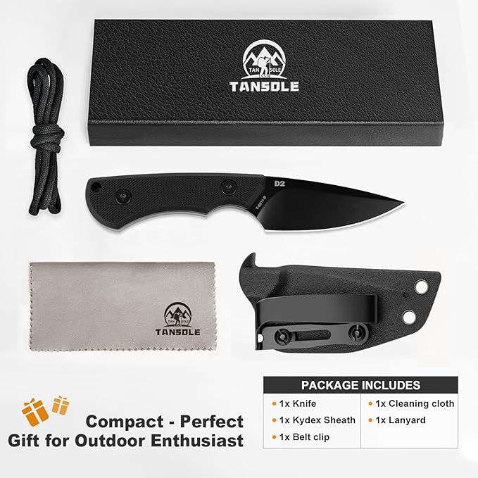 Tactical EDC Fixed Blade Knife with Sheath and clip 2.7 in Blade Small Fixed Knives for Outdoor Camping Survival Bushcraft Camp knife made of D2 steel and G10 Ergonomic handle (Black)