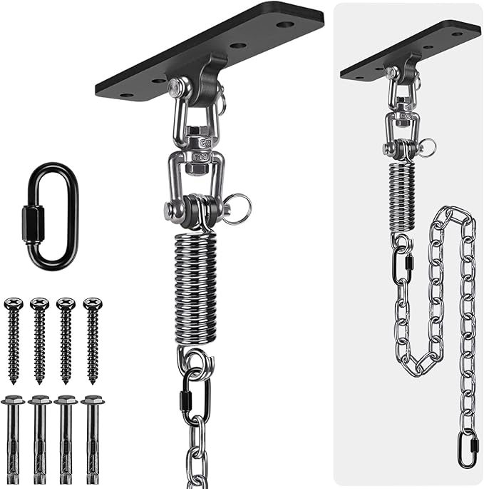 Dolibest Hammock Chair Hanging Kit Heavy Duty Swing Hanger with Spring and 39 Chain Indoor Outdoor Playground Hanging Hammock Punching Bags 360+180° Rotation Easy to Install Black
