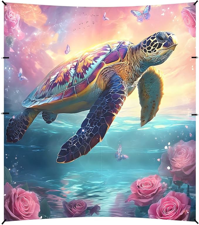 ALAZA Sea Turtle Butterflies Roses Beach Tent Sun Shelter UPF50+ Protection Beach Shade Canopy w/ 4 Sandbags for Outdoor Camping Fishing Backyard Fun Picnic 10x9 ft