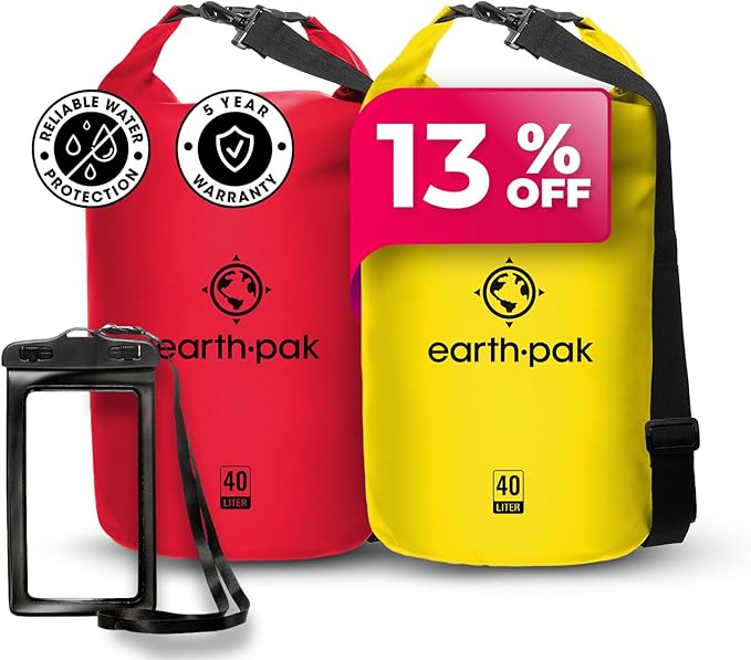 Earth Pak Waterproof Dry Bag - Roll Top Waterproof Backpack Sack (Red 40L &amp Yellow 40L)