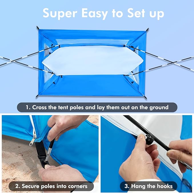 Beach Tent Portable Sun Shelter for 2/3/4/6-8 Person with UPF 50+ UV Protection Easy Setup Waterproof Beach Shade Canopy Cabana for Family Outdoor and Picnics Fishing with Carrying Bag