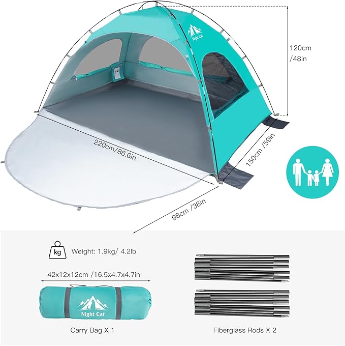 Night Cat Beach Tent Portable Camping Sun Shade Shelter for 2-4 Persons with UV Protection 3 Breathable Mesh Windows Extended Tent Floor Easy Set Up Outdoor