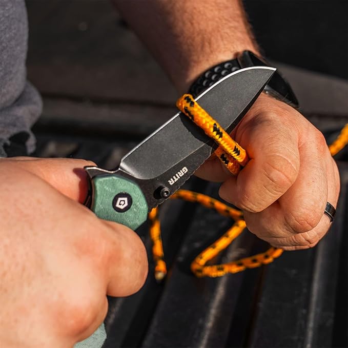 GRITR Stealth Folding Pocket Knife w/ 3.5 D2 Steel Blade for Military Hunting Camping Hiking – Green Handle Non-Serrated Blade with Stonewashed Finish
