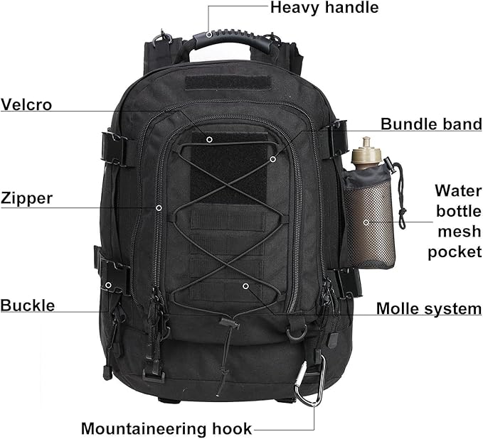 Large Military Bug Out Bag 3 Day Pack Expandable Backpack Army Daypack for Outdoor Hiking Hunting (Black)