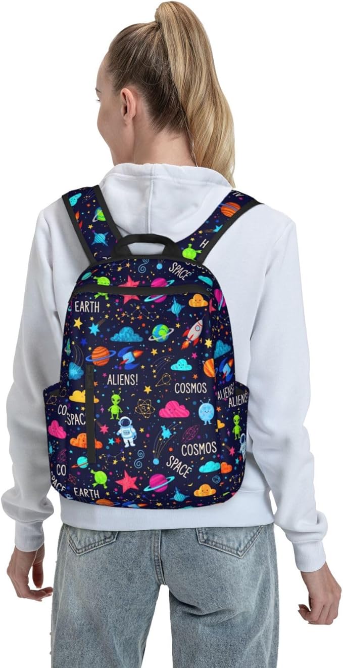 Cartoon space rockets astronaunt planets stars alien art Travel Backpack Water Resistant Bookbag