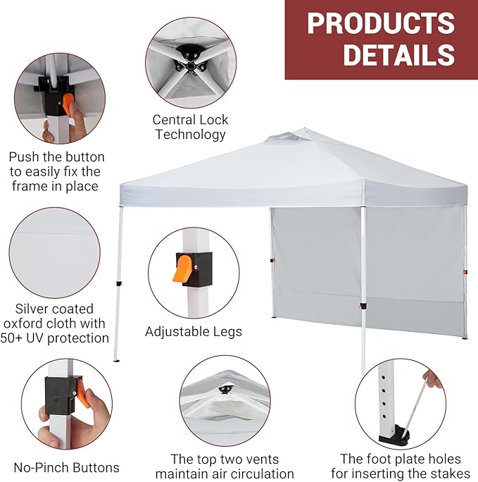 Easy One-Push Setup Pop Up Canopy Tent 10x10ft – Waterproof Outdoor Shelter Portable Gazebo with Wheeled Bag Includes Side Wall Ideal for Camping Patio Parties