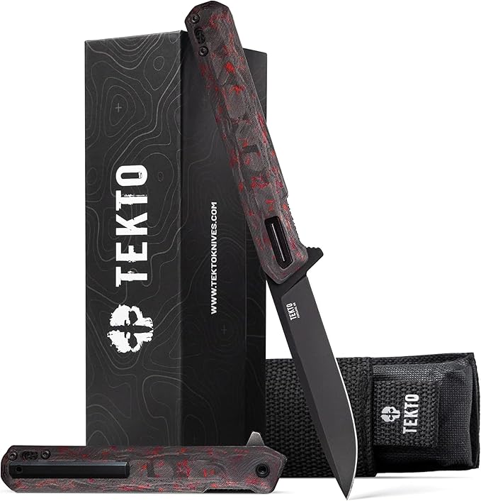 TEKTO F2 Bravo Folding Pocket Knife - D2 Steel Blade Ceramic Ball Bearings - EDC - Snap Swift Flip for Camping Backpacking - 2.4oz (68g) Forged Ember Handle Black Titanium Accents