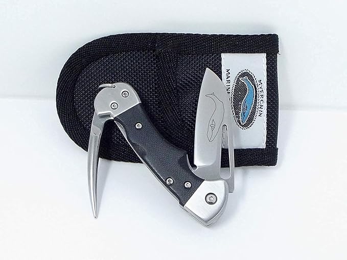 Myerchin BF377 Gen 2 Crew Rigging Knife &amp Marlin Spike - Black G10 Handle - Standard Plain Edge - Crew Bundle with Outdoor Merchants Safety Leather Lanyard - Compact German Marine Stainless Steel