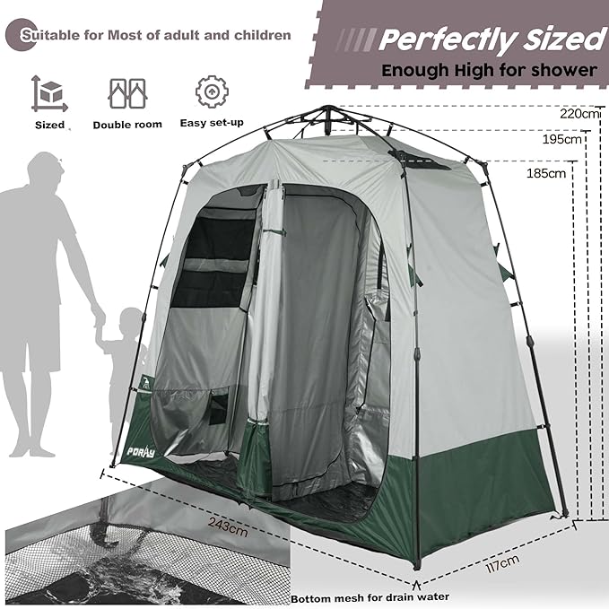 Camping Shower Tent Deluxe Changing Room Easy Set Up Privacy ShelterLarge Toilet Tent with Floor Drain Design for Beach CampingHiking with Stakes and Ropes for Stability