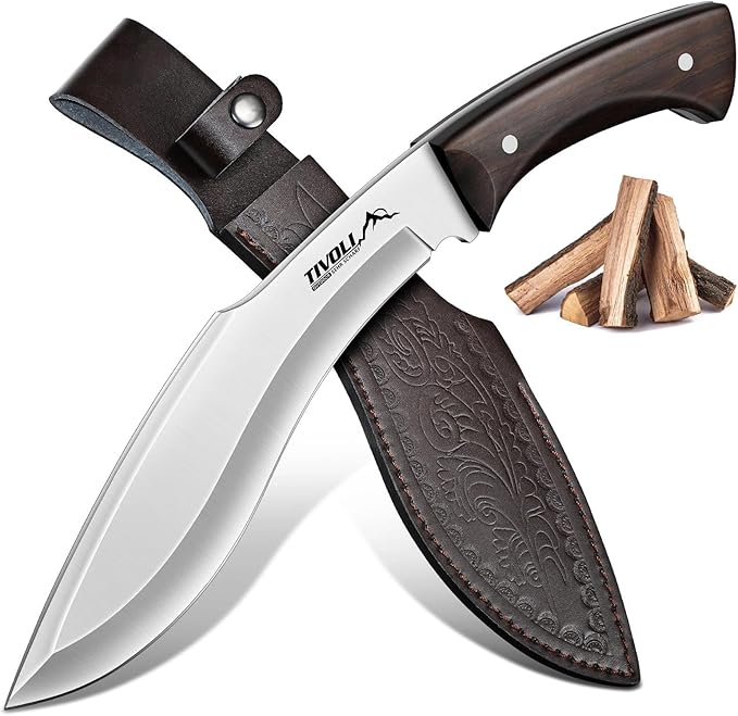 TIVOLI Kukri Fixed Blade Knife - Full Tang Survival Knife with Sheath Heavy-Duty Hunting Knives for Camping Bushcraft Gardening &amp Outdoor Adventures – Great Christmas Gift for Men and Women