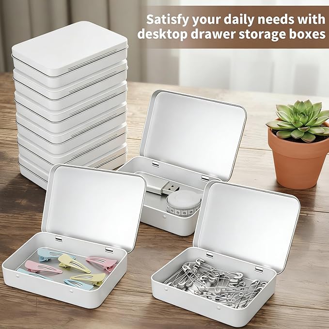 Goodma 24 Pieces Rectangular Metal Empty Hinged Tins Containers Basic Necessities Home Storage Organizer Mini Box Set 4.5 x 3.3 x 0.9 inch (White)