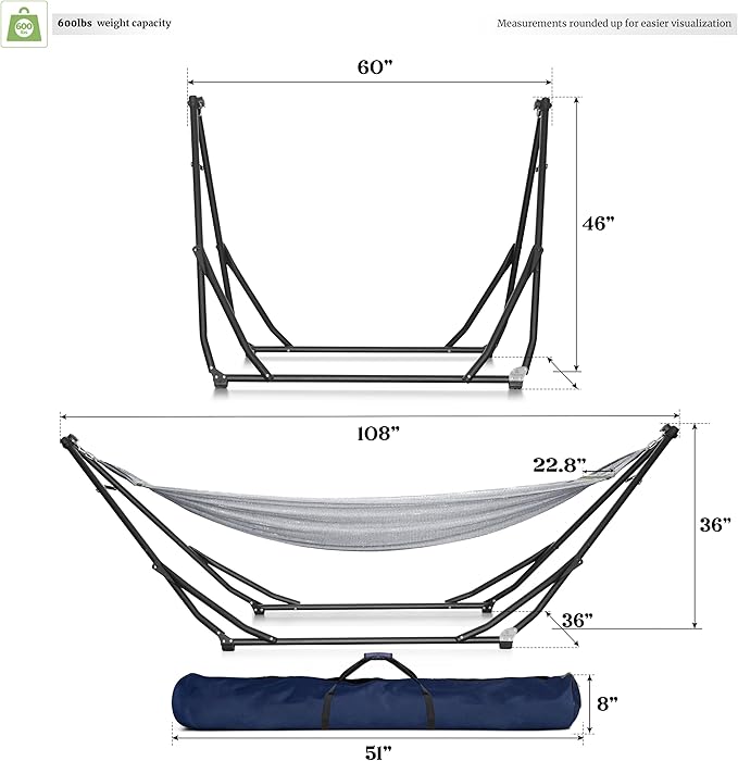Tranquillo UniGen Hammock Hammock Stands Heavy Duty Indoor/Outdoor Hammock with Signature Steel Stand 600lbs Premium Foldable Durable 2-Layered Soft Polyester Grey