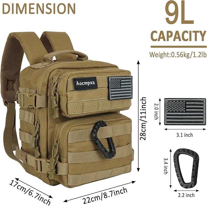 Mini Tactical Backpack 9L Small Gym Backpacks Sport Bag for Men Women Molle Military Pack with US Flag Patch and Carabiner (Tan)