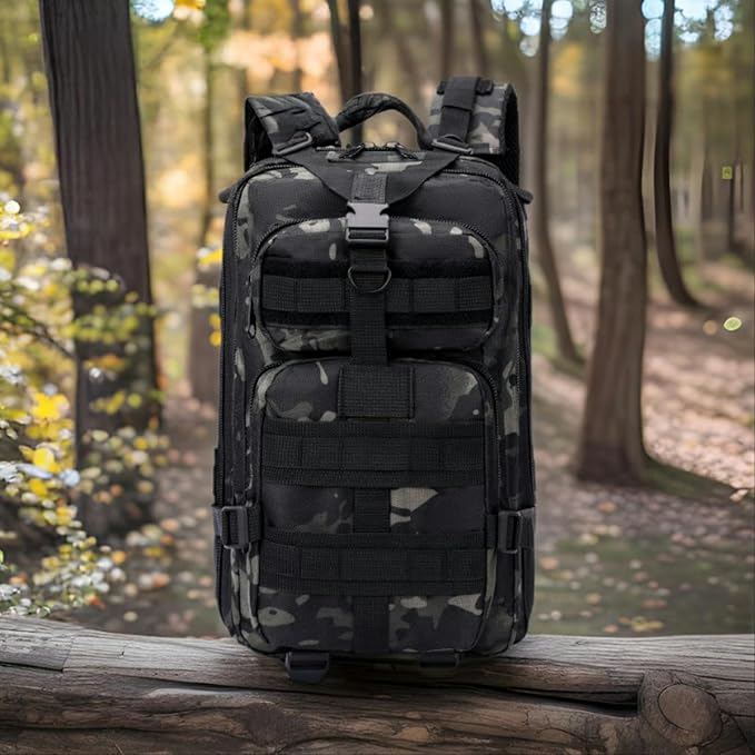 30L Comfortable Durable Military Tactical Backpack w/USA Flag Patch MOLLE Hiking Camping Travel Bag（black camouflage）