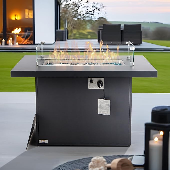 NICESOUL 43'' Aluminum Fire Pit Table 60000 BTU Propane/Natural Gas Outdoor Firepit with Wind Guard &amp Glass Rocks All-Weather Rectangular Fireplace for Outside Patio CSA-Certified Ember Black