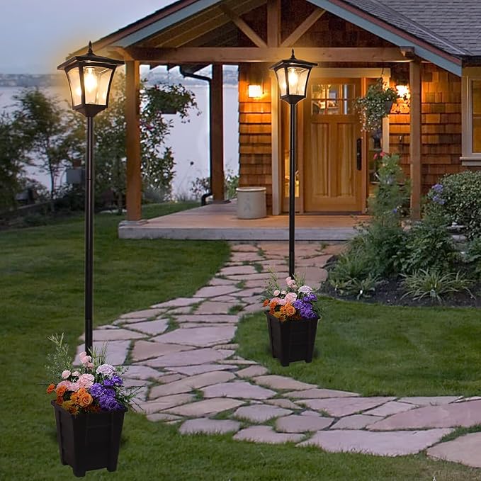 Outdoor Solar Post Lights 59 Dusk to Dawn Solar Lamp Post Waterproof Solar Floor Lamps Warm White Pole Lights with Planter for Patio Backyard Lawn Garden