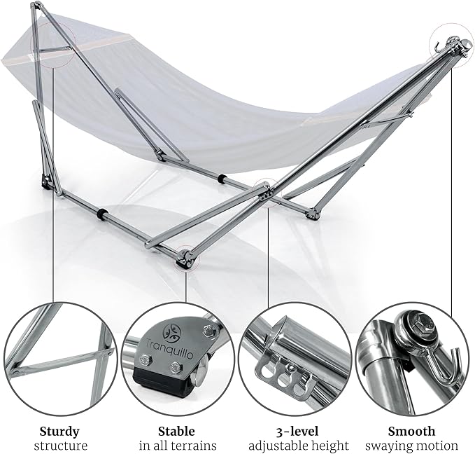 Tranquillo Adjustable Hammock Stand Collapsible Camping Hammock 650 lbs Capacity Deluxe Double Hammock Stand for 2 Persons Portable Everywhere Easy Assembly Non-Slip and Noise-Free Aegean