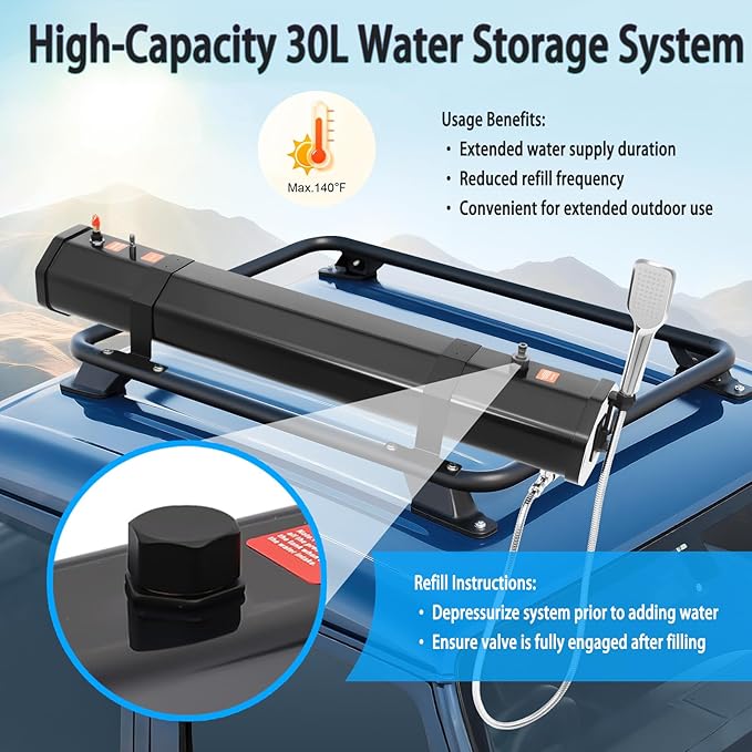 Portable Roof Rack Shower System - Pressurized Water Tank with Adjustable Shower Head &amp Hose - Off-Road Camping Shower for SUV Truck RV &amp Outdoor Adventures