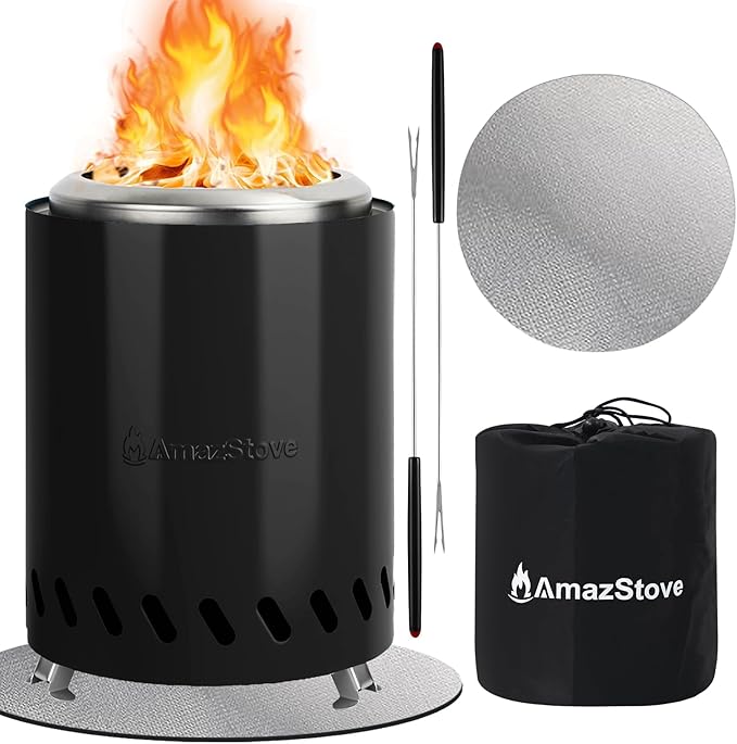 9.7 x 7.1 Inch Tabletop Fire Pit by AmazStove Low Smoke Camping Stove for Outdoor Safe Burning Firepits Fueled Pellets or Wood Travel Bag Included (Black 9.7 x 7.1 INCH)