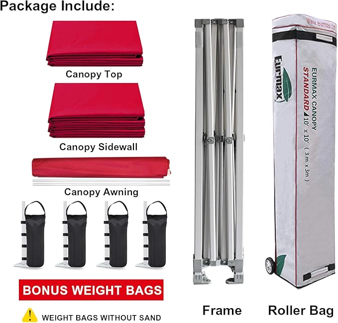 Eurmax USA 10x10 Pop Up CanopyCommercial Tent with Patented No-Tip Rolling Bag24sqft Extension Awning &amp 4 Zippered Removable WallsUV &amp Water ResistantHeavy Duty Instant Shelter GazeboRed