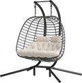 Double Hanging Egg Chair wth Stand Patio Hammock Swing Chair with Cushion Loveseat for Bedroom Balcony Garden Indoor Outdoor Beige