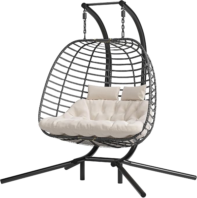 Double Hanging Egg Chair wth Stand Patio Hammock Swing Chair with Cushion Loveseat for Bedroom Balcony Garden Indoor Outdoor Beige