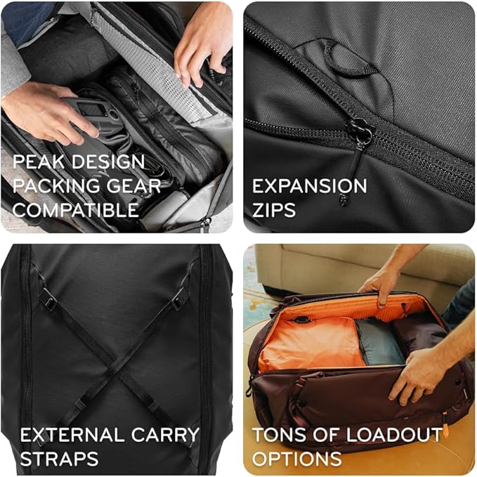 Peak Design Travel Duffelpack 45-65L Eclipse Weatherproof Duffel Backpack Expandable Extra-Long Zip Stowable Straps Fits Packing &amp Camera Cubes Versatile Bag for Travel &amp Adventure
