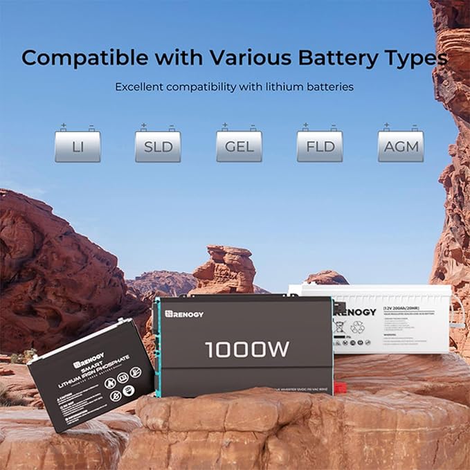 Renogy 1000W Pure Sine Wave Inverter 12V DC to 120V AC Converter for Home RV Truck Off-Grid Solar Power 110V with Built-in 5V/2.1A USB Port Hardwire Remote Controller