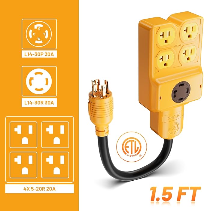 MECMO NEMA L14-30P to Four 5-20R/5-15R &amp L14-30R Generator Adapter Extension Cord 4 Prong Twist Locking 30 amp to 15/20/30 amp Generator Power Cord 125/250V 7500 Watts ETL Listed