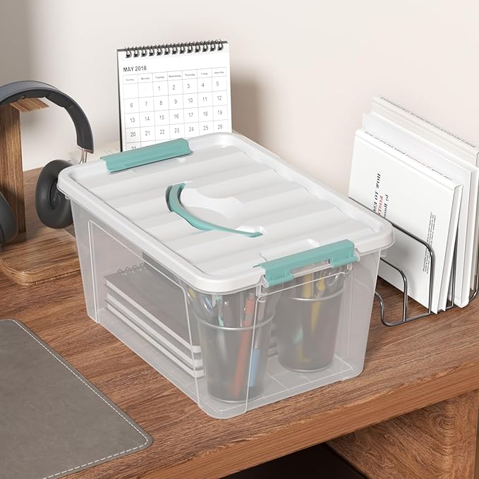 Xyskin 14 Quart Clear Storage Bins with Lid and Green Handle Storage Latch Box/Bin Organizing Container