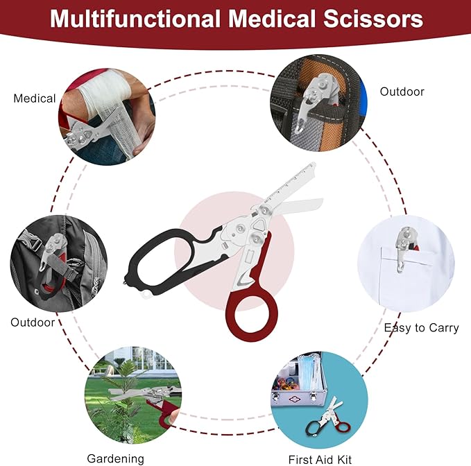 6 in 1 Multifunctional Combination Tool Folding Retractable Emergency Shears Outdoor Camping Tools Seat Belt Cutter Oxygen Cylinder Wrench Complimentary Adjustable Wrench (dark red)
