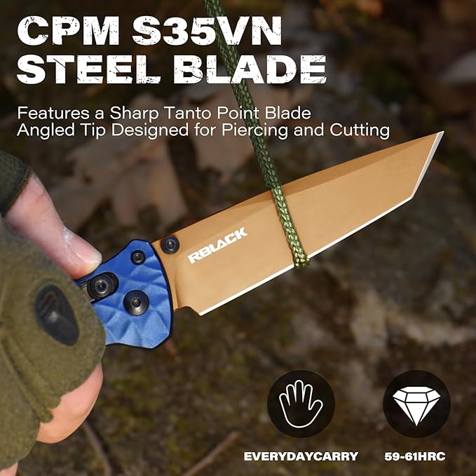 RBLACK 3.3 Tanto EDC Tactical Folding Knife with CPM S35VN Steel &amp Aluminum Handle Featuring Robust Axis Lock Reversible Clip for Everyday Carry - Ideal Gift for Men and Women Royal Blue