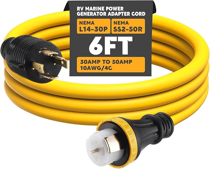 6FT NEMA L14-30P to SS2-50R RV Marine Power Generator Adapter Cord 30A 4 Prong Locking Generator L14-30P Male to 50A Marine Shore Power SS2-50R Female with Locking Ring 125V/250V