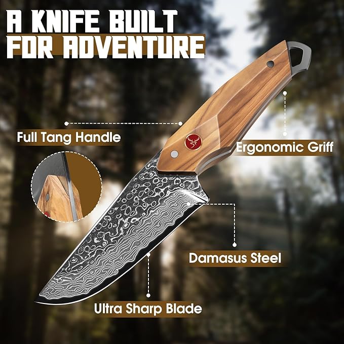 TAN REN Damascus Fixed Blade Knife Outdoor Survival Knife with Sheath Full Tang Bushcraft Knives with Wood Handle Brown Hunting Knives Gift for Men Camping Outdoor Cooking Gift for Him
