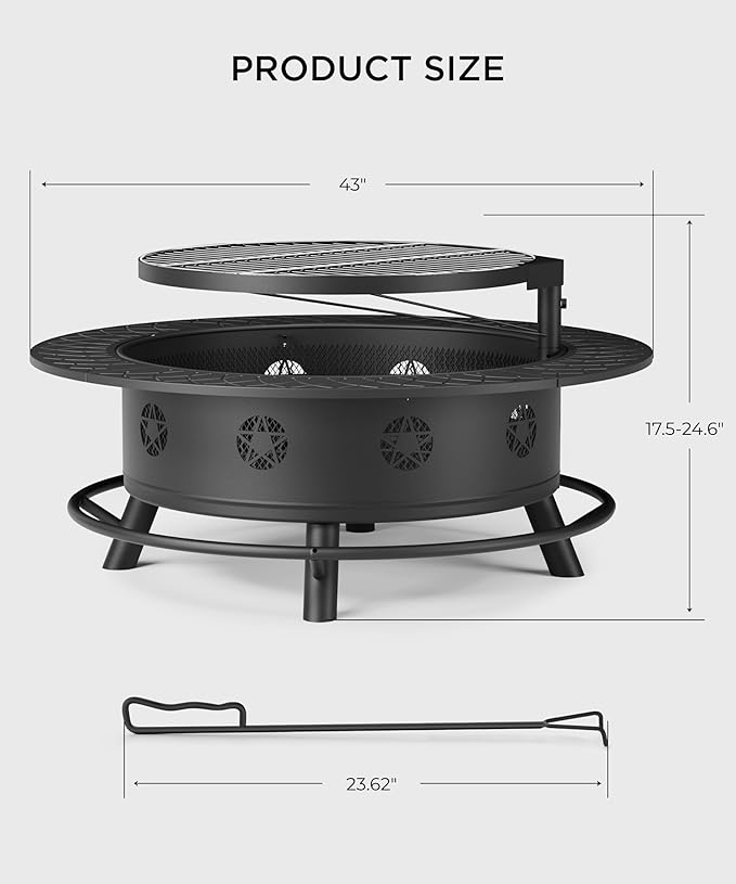 43 Inch Fire Pit with BBQ Grill Wood Burning Fire Pits for Outside with Lid &amp Poker Extra Large Heavy Duty Firepits BBQ &amp Outdoor Firepit &amp Round Metal Table 3 in 1 for Bonfire Patio