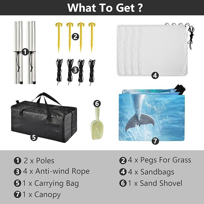 Sea Jumping Dolphins Beach Tent Sun Shelter Set UPF50+ UV Protection 10.5 x 9.19 FT Camping Shade Canopy with Sandbags Sand Anchors Carrying Bag and Others