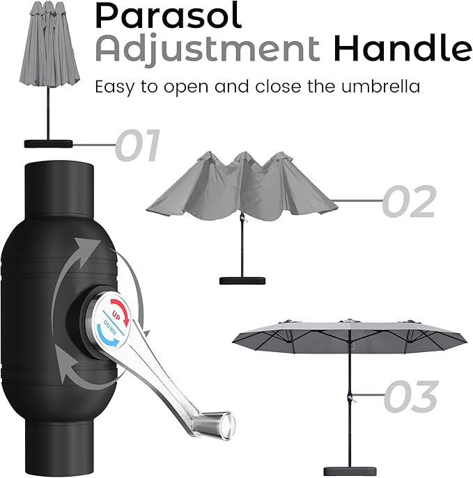 DomeShade 15ft Patio Umbrella with BaseLarge Outdoor Double-Sided Rectangle Umbrella with Crank Handle Market Umbrella for Poolside Garden Deck Backyard Beach Pools Gray