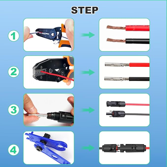 35PCS Solar Crimper Tool Kit Solar Panel Cable MC4 Connectors 14-10AWG 30 Pairs Male/Female Solar Connectors 1PCS Solar Crimper 1PCS Stripper 2 PCS Spanner Wrench