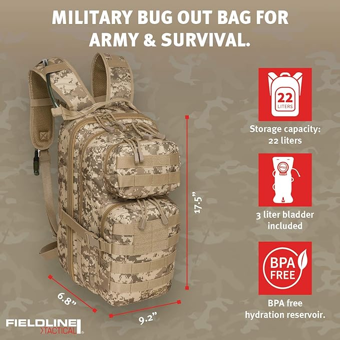 Surge Tactical Hydration Pack by Fieldline | Military Backpack with MOLLE System | Survival Bug Out Bag | 22L Storage Capacity + 3L Reservoir (Digital Sand)