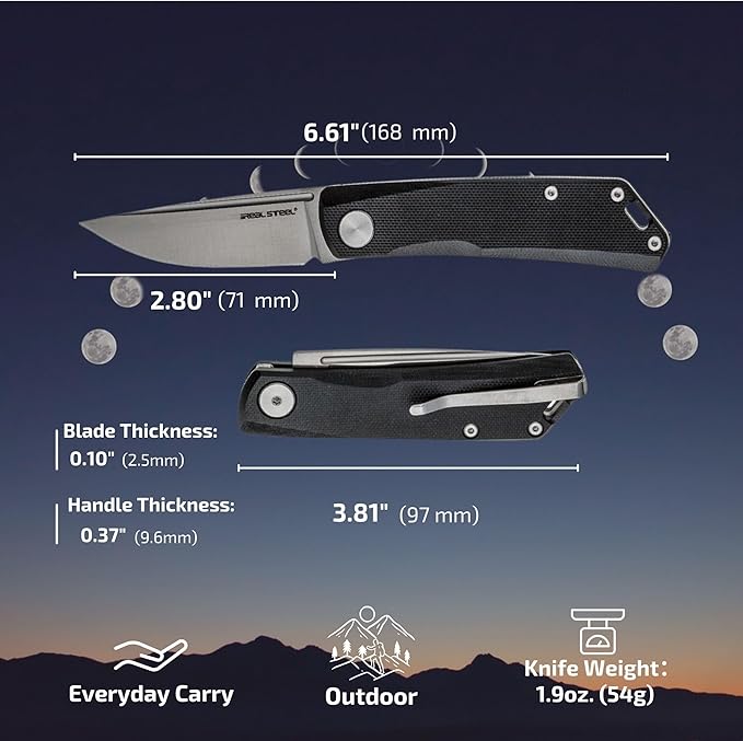 REALSTEEL Luna Lite Slipjoint Folding Pocket Knife - D2 Blade and Coyote G10 Handles - Perfect for Camping Hiking Daily Cutting Tasks - EDC Knife for Men Women (Satin/Black)