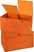 2 Pack Storage Boxes with Lids and Handles Collapsible Linen Storage Bins Organizer Containers Baskets Cube with Removable Divider for Home Bedroom Closet Office (Orange Large)