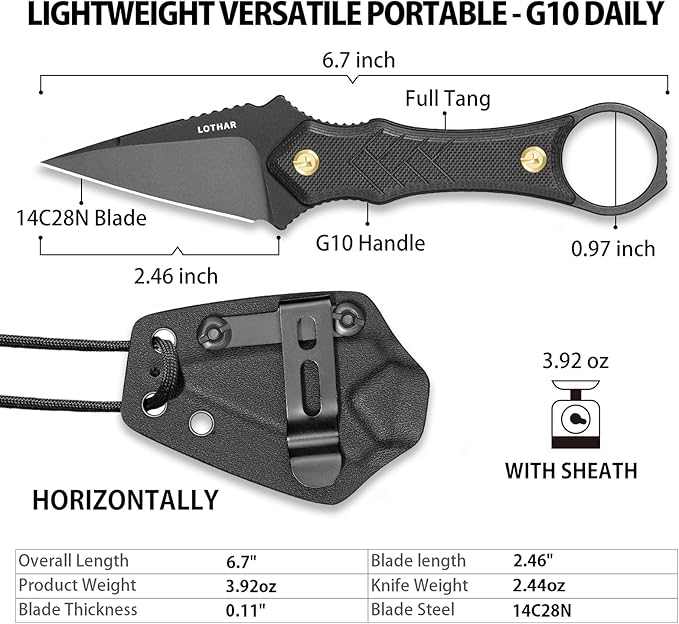 LOTHAR PORCUPINE Small Fixed Blade Knife 2.46 14C28N Neck Knife EDC Knife with G10 Handle and Kydex Sheath Knife Necklace Horizontal Carry Knife Survival Knife Gifts for Men Women (black)