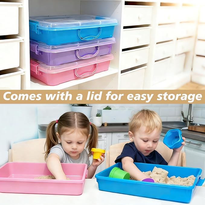 4 Qt (3.8L) Sensory Bin With Lid - 3 Pack Stackable Storage Sensory Bins with Lids Portable Sandbox Organizers Sand Arts Crafts (Blue Purple Pink)