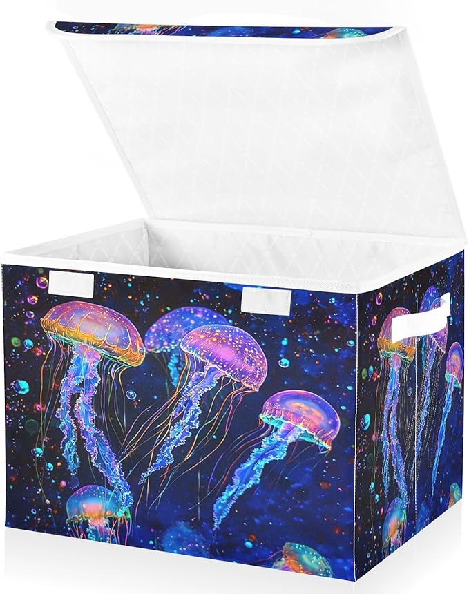 Ocean Jellyfishes Bubbles and Starfishes Collapsible Storage Bins with Lids Decorative Fabric Cubes Closet Organizer Basket Boxes Containers for Clothes Box Chest Folding Rec