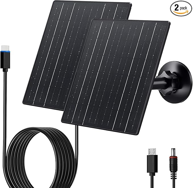 Zivif 10W Solar Charger 5V Solar Panel for Security Cameras with USB-C/Micro USB/DC 5.5x2.1mm Ports IP66 Waterproof 360° Adjustable Mount &amp 7.2ft Cable (2 Pack)